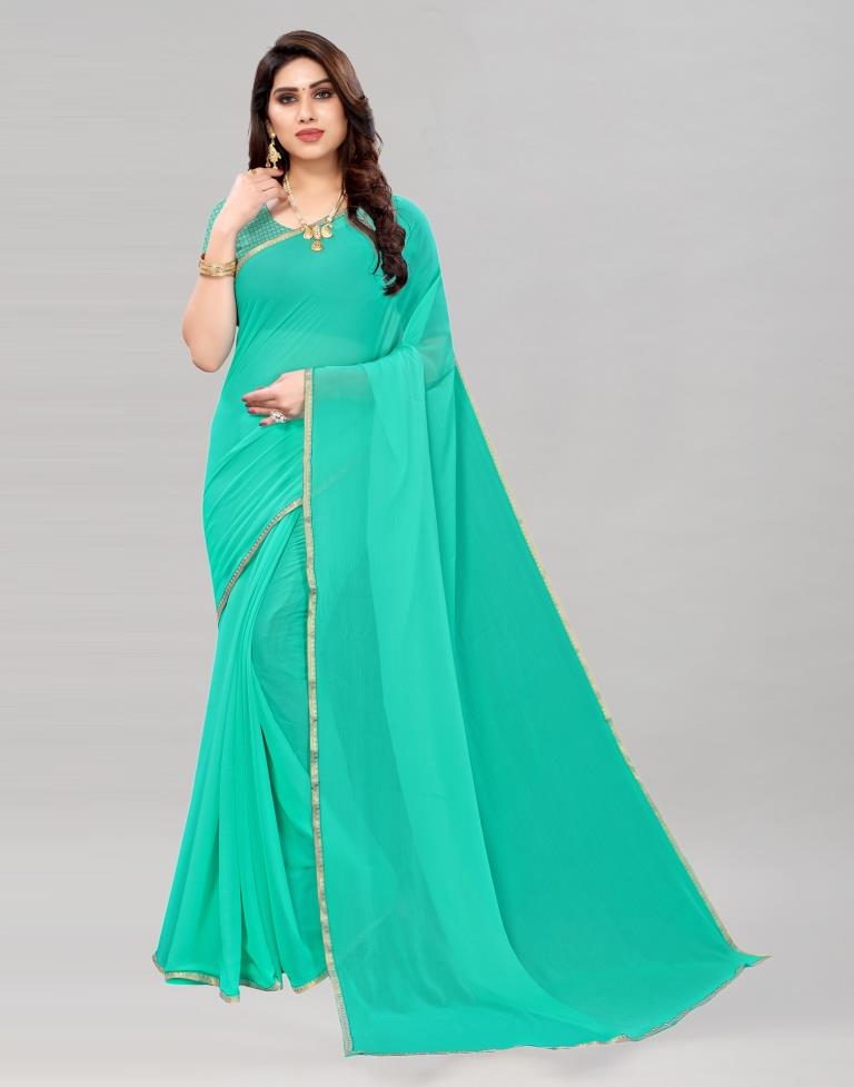 Turquoise Blue Coloured Dyed Chiffon Saree | SLV2166S156