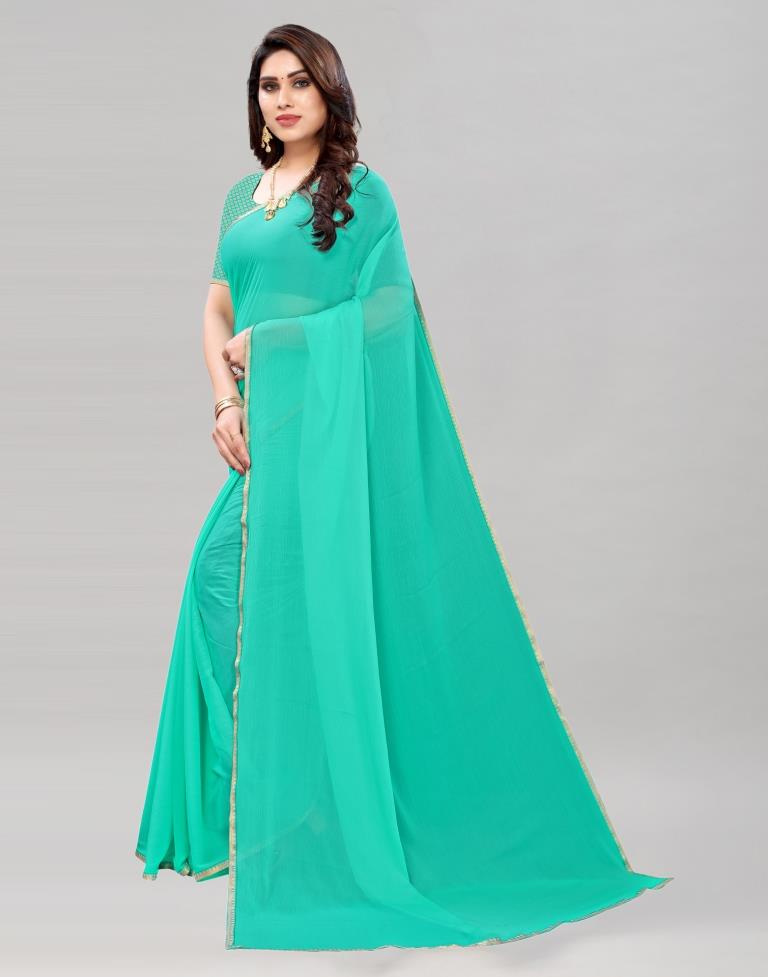 Turquoise Blue Coloured Dyed Chiffon Saree | SLV2166S156