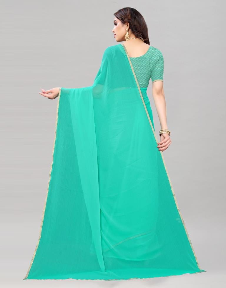 Turquoise Blue Coloured Dyed Chiffon Saree | SLV2166S156