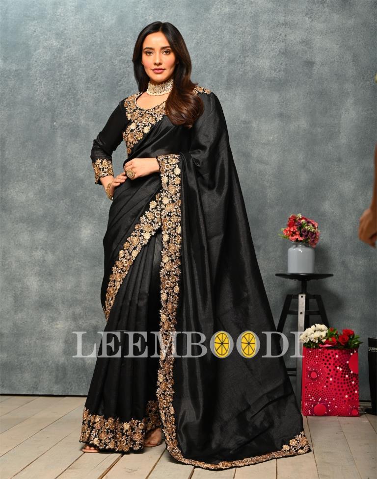 Black Coloured Poly Silk Embroidered Partywear Saree | SLV2169S1161