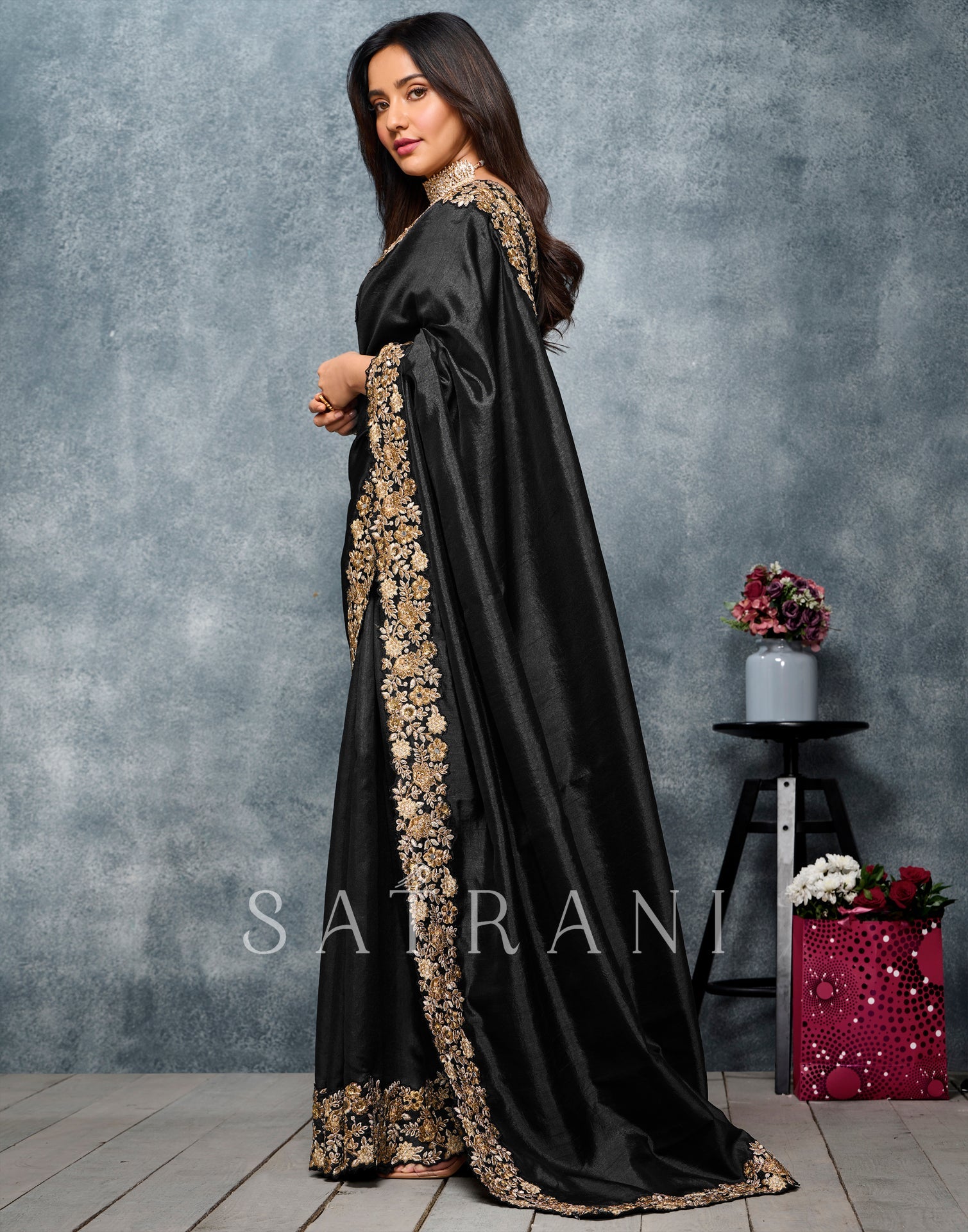Black Coloured Poly Silk Embroidered Partywear Saree | SLV2169S1161