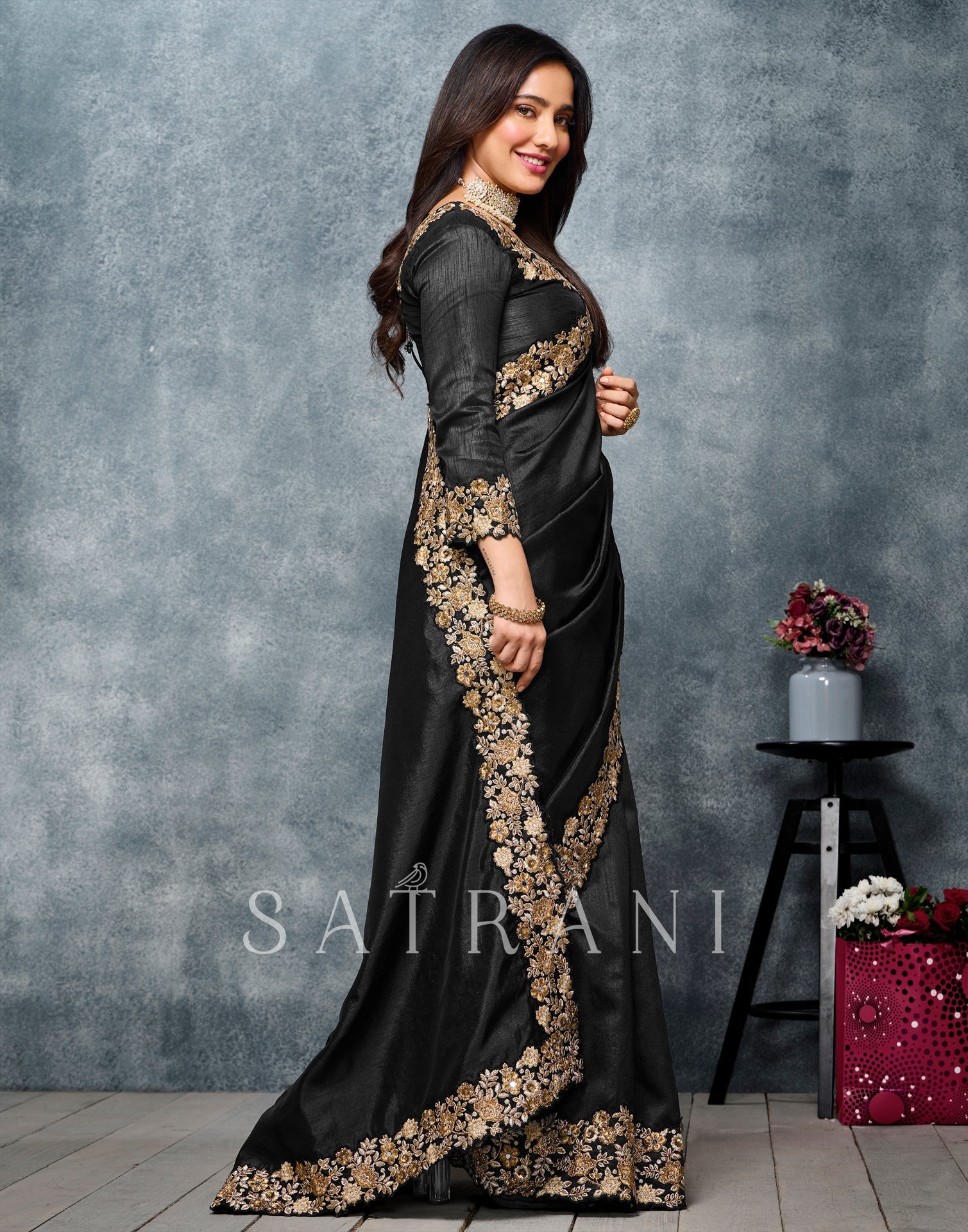 Black Coloured Poly Silk Embroidered Partywear Saree | SLV2169S1161
