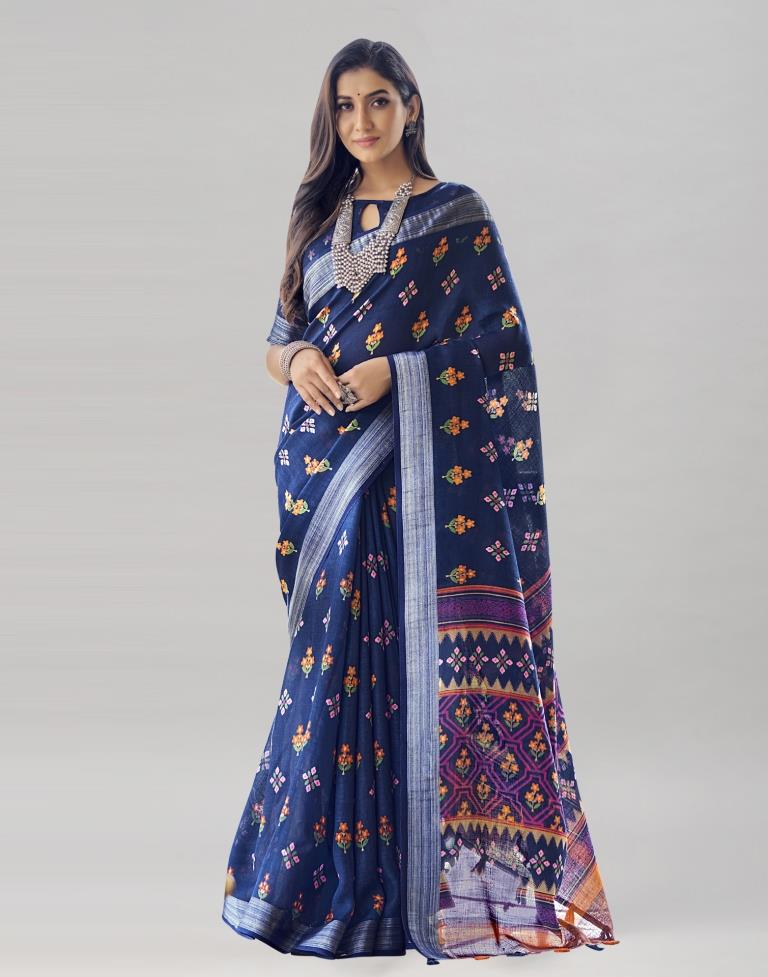 Navy Blue Coloured Poly Cotton Printed Saree | SLV2227S9111
