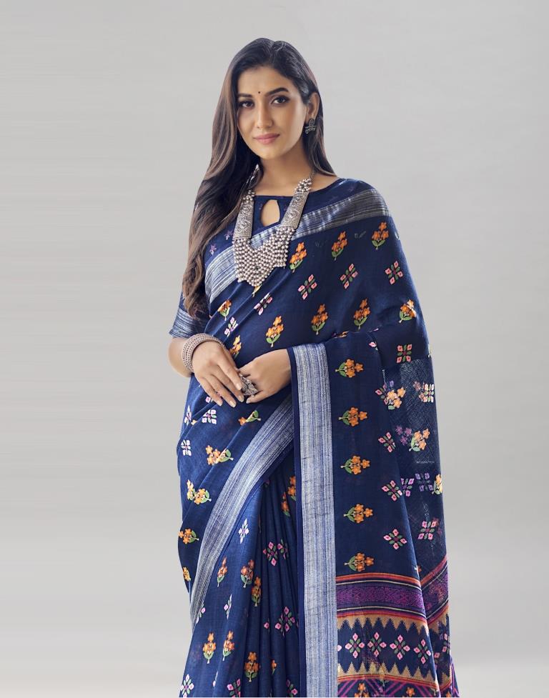 Navy Blue Coloured Poly Cotton Printed Saree | SLV2227S9111
