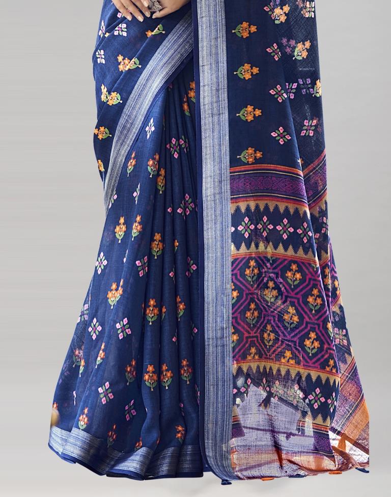 Navy Blue Coloured Poly Cotton Printed Saree | SLV2227S9111