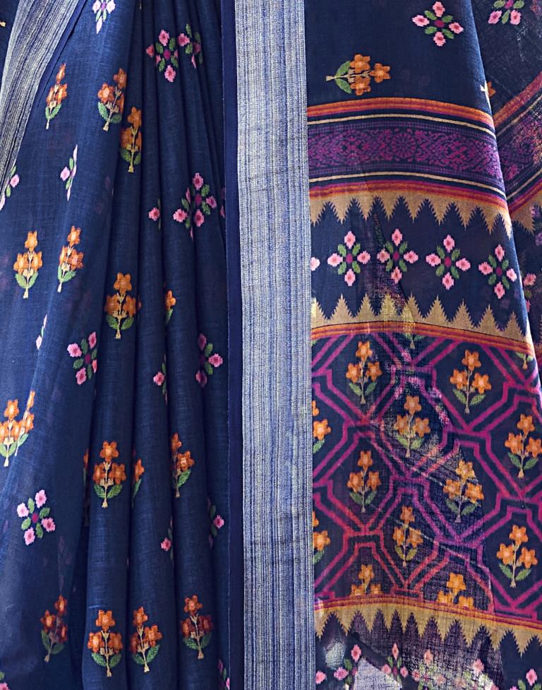 Navy Blue Coloured Poly Cotton Printed Saree | SLV2227S9111