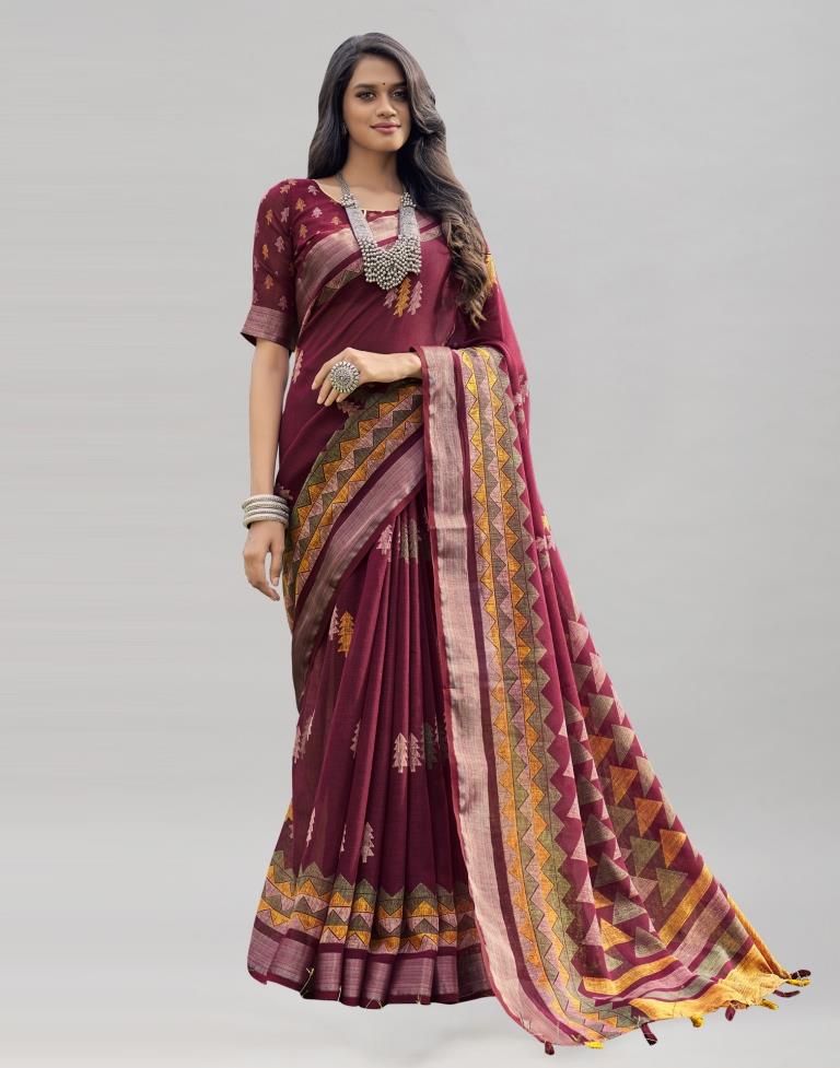 Maroon Coloured Poly Cotton Printed Saree | SLV2227S9115