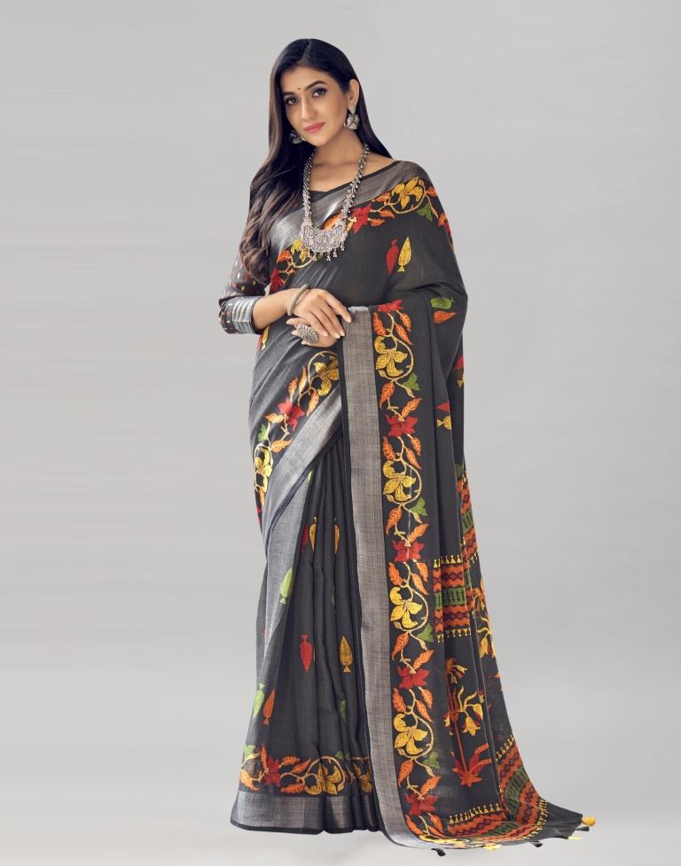 Black Coloured Poly Cotton Printed Saree | SLV2227S9120