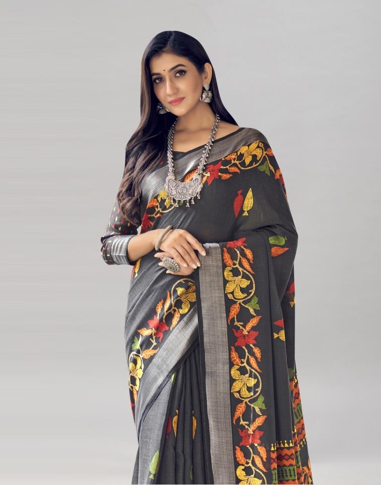 Black Coloured Poly Cotton Printed Saree | SLV2227S9120