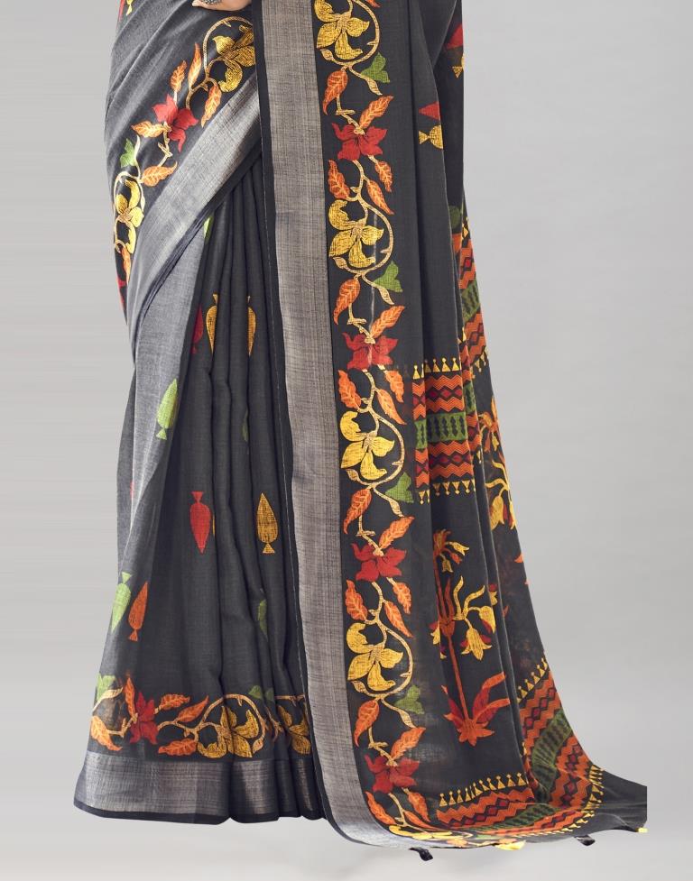 Black Coloured Poly Cotton Printed Saree | SLV2227S9120