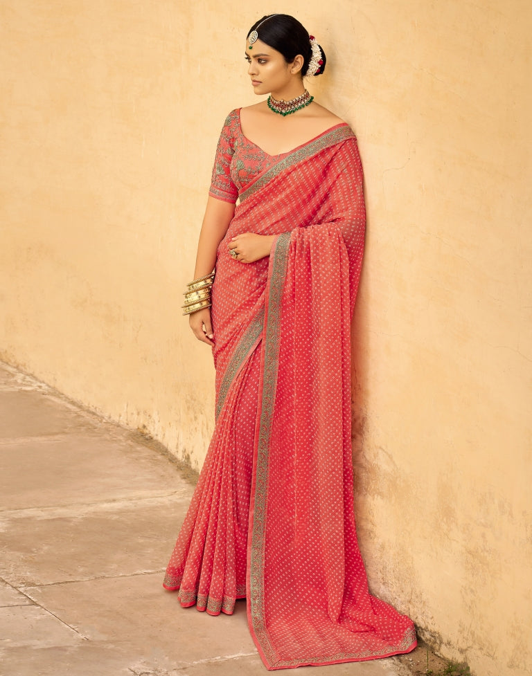 Coral Pink Bandhani Printed Saree | SLV2302S123