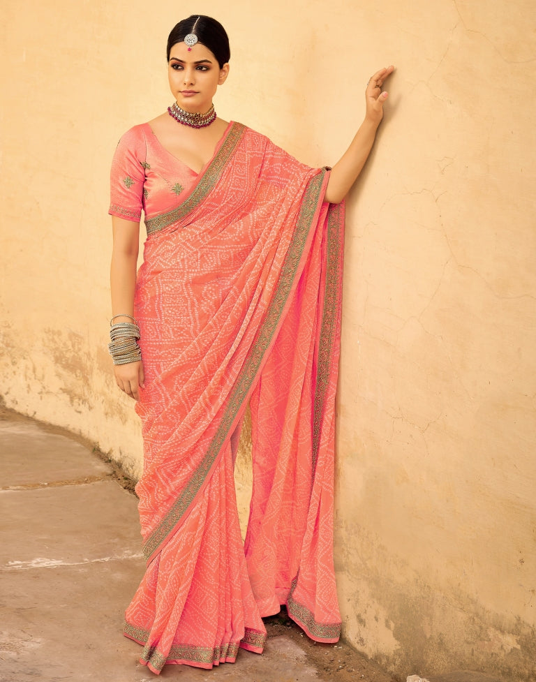 Coral Pink Bandhani Printed Saree | SLV2302S132