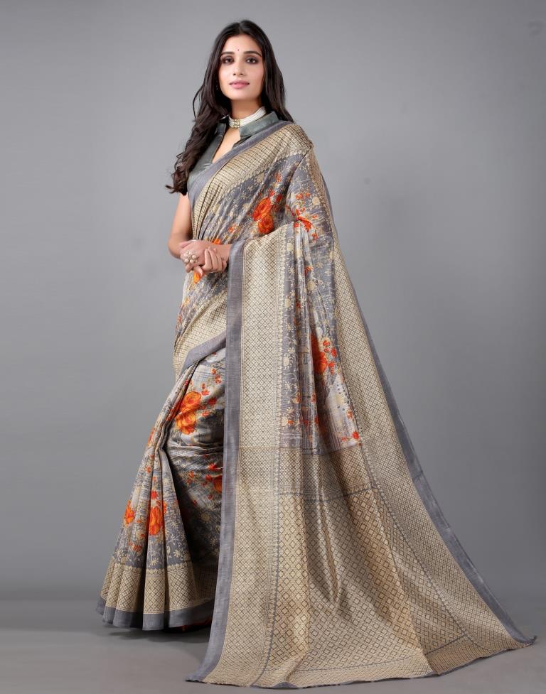 Steel Grey Printed Saree | 2306S116