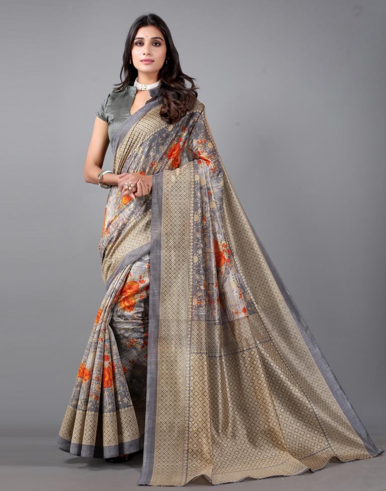 Steel Grey Printed Saree | 2306S116