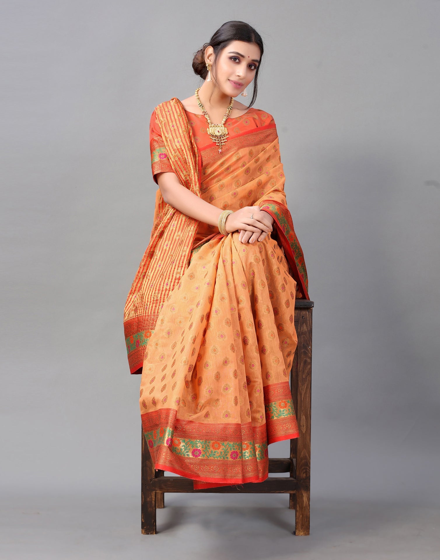 Peach Cotton Silk Saree