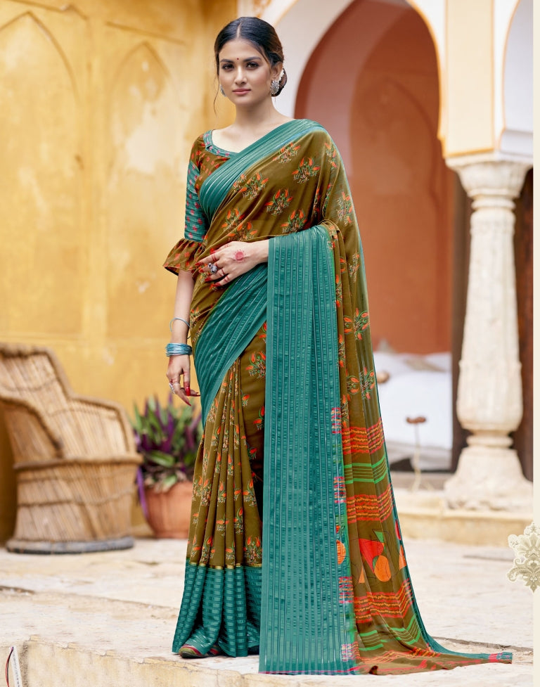 Khaki Brown Printed Saree | SLV2328S4157
