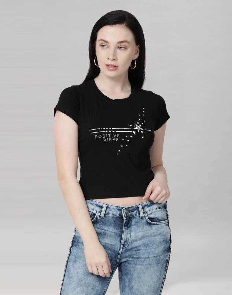 Black Colored Lycra Printed T-shirt | SLV233TK4043