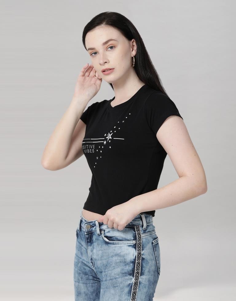 Black Colored Lycra Printed T-shirt | SLV233TK4043