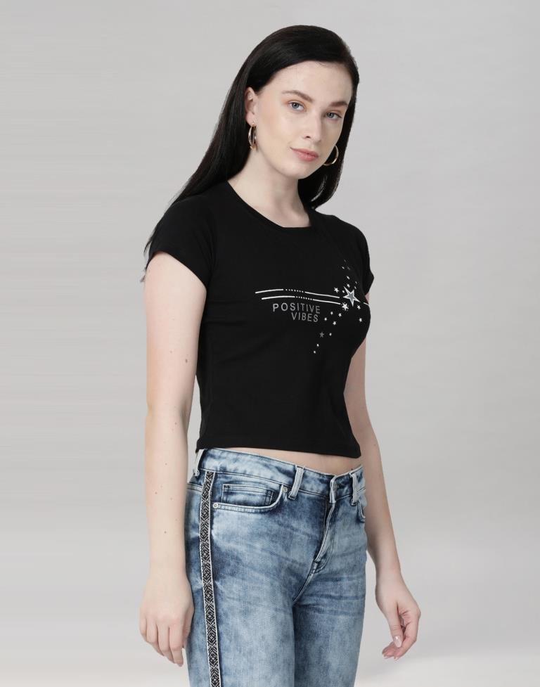 Black Colored Lycra Printed T-shirt | SLV233TK4043