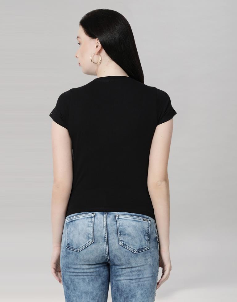 Black Colored Lycra Printed T-shirt | SLV233TK4043