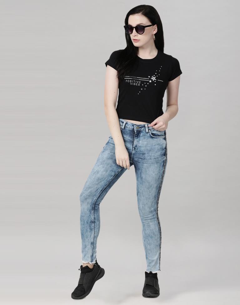 Black Colored Lycra Printed T-shirt | SLV233TK4043