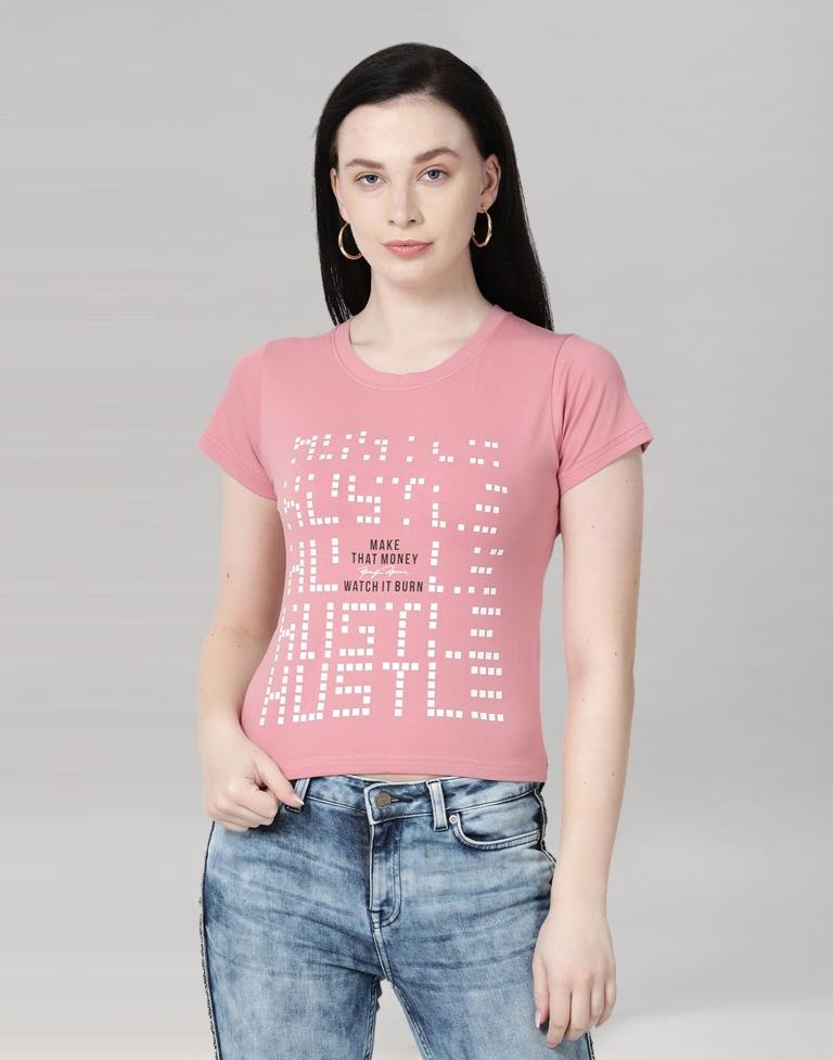 Pink Colored Lycra Printed T-shirt | SLV233TK4044