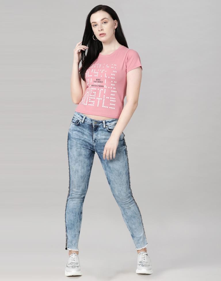 Pink Colored Lycra Printed T-shirt | SLV233TK4044