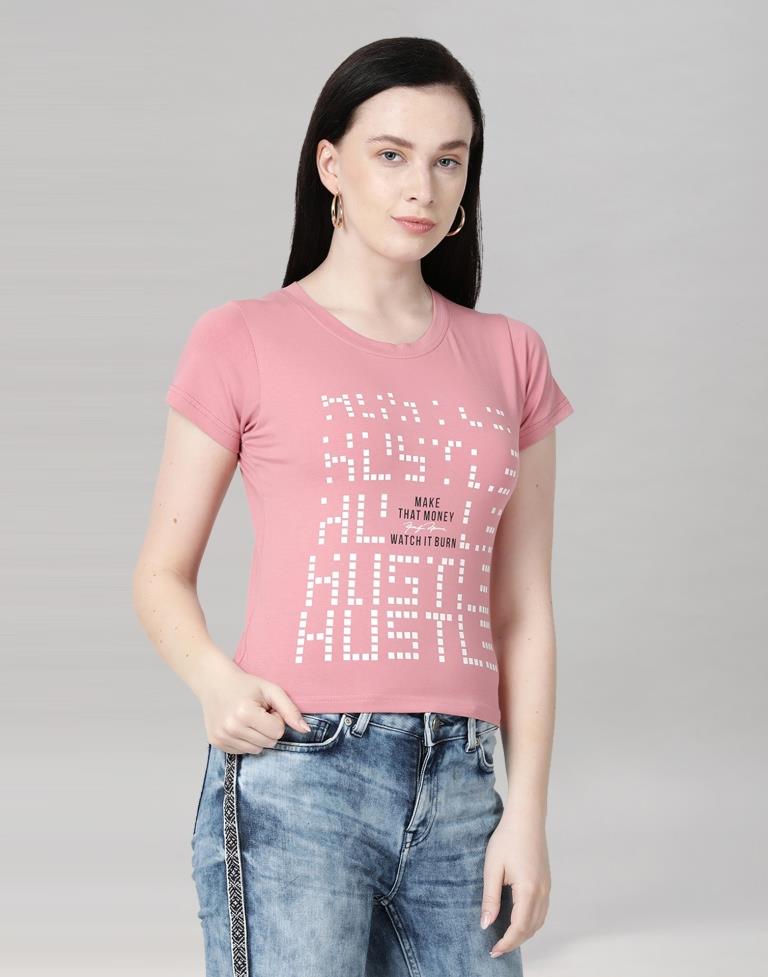 Pink Colored Lycra Printed T-shirt | SLV233TK4044