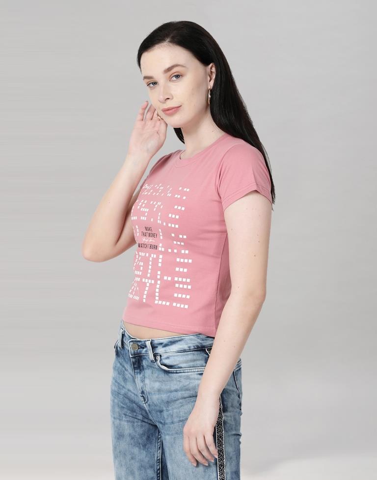 Pink Colored Lycra Printed T-shirt | SLV233TK4044
