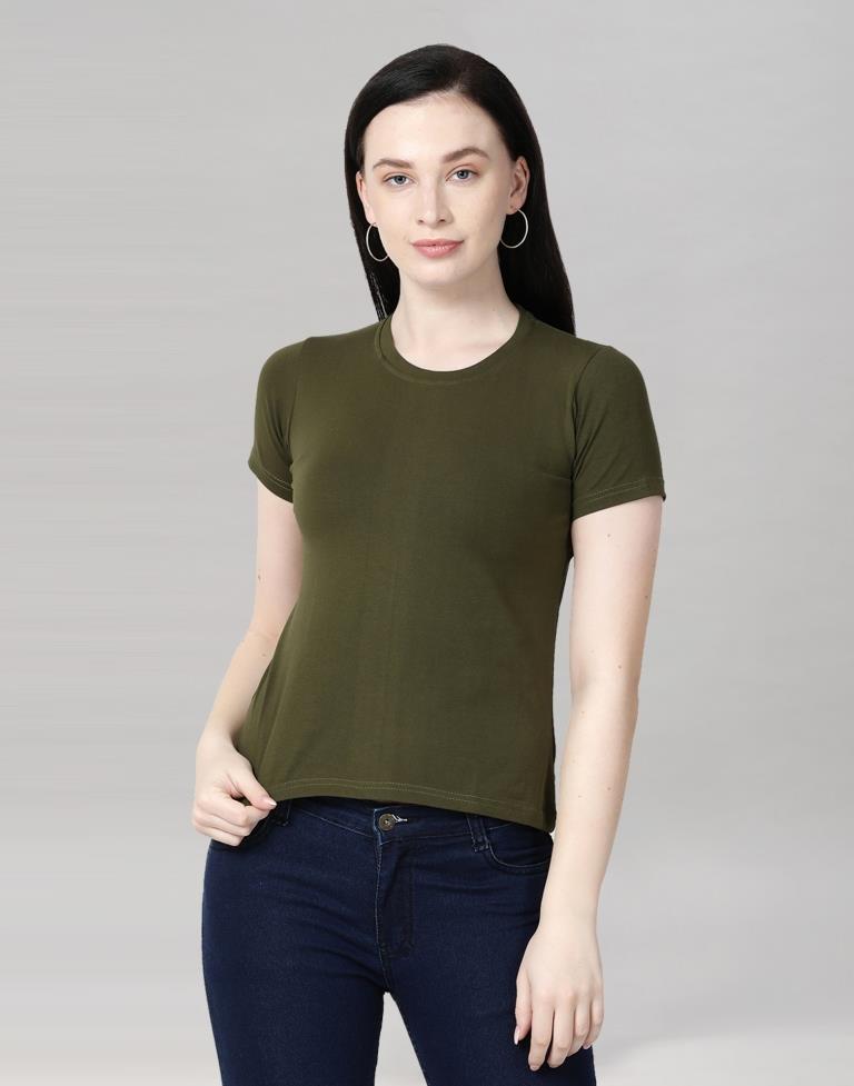 Olive Green Colored Lycra Knitted T-shirt | SLV233TK4046