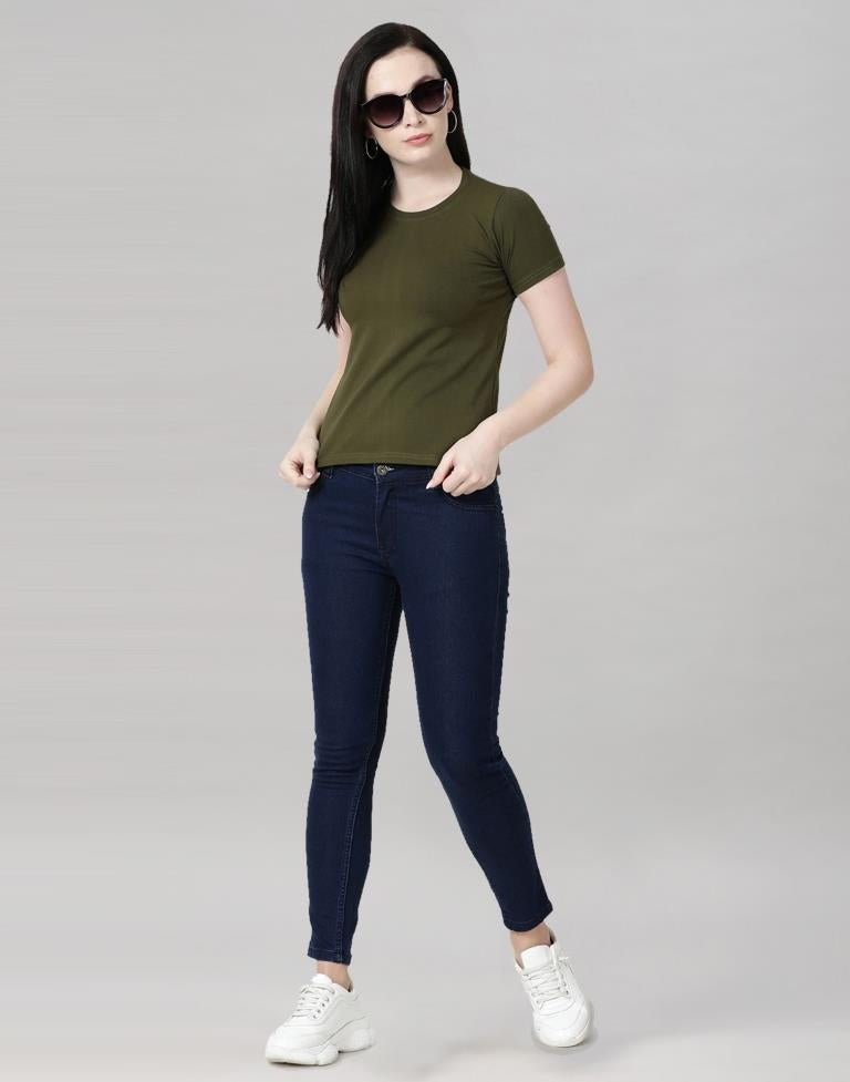 Olive Green Colored Lycra Knitted T-shirt | SLV233TK4046