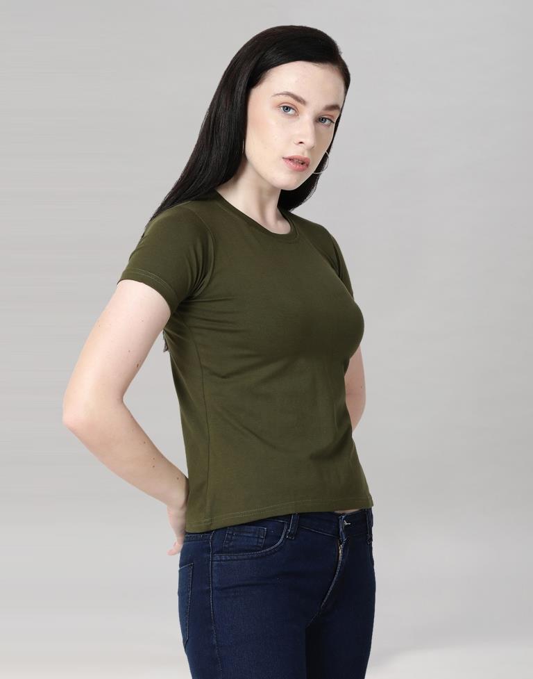 Olive Green Colored Lycra Knitted T-shirt | SLV233TK4046