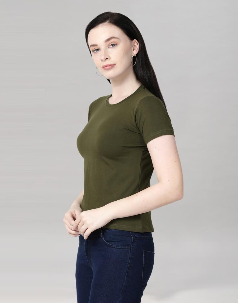 Olive Green Colored Lycra Knitted T-shirt | SLV233TK4046