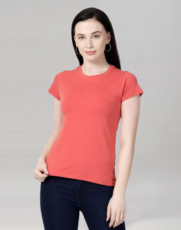 Dark Peach Colored Lycra Knitted T-shirt | SLV233TK4048