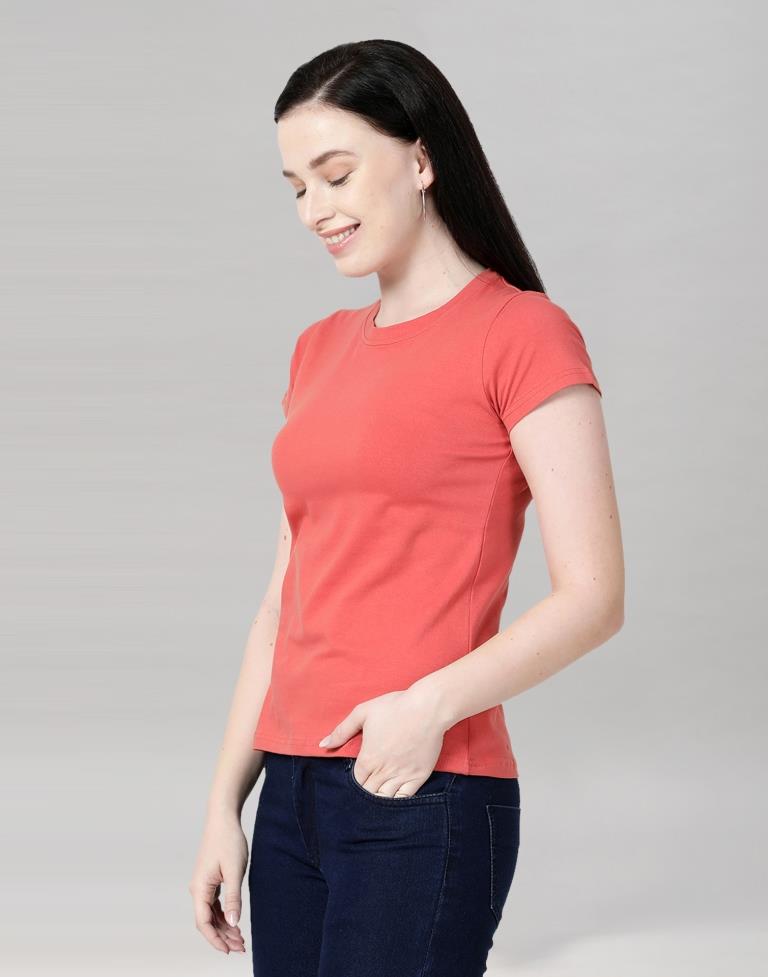 Dark Peach Colored Lycra Knitted T-shirt | SLV233TK4048
