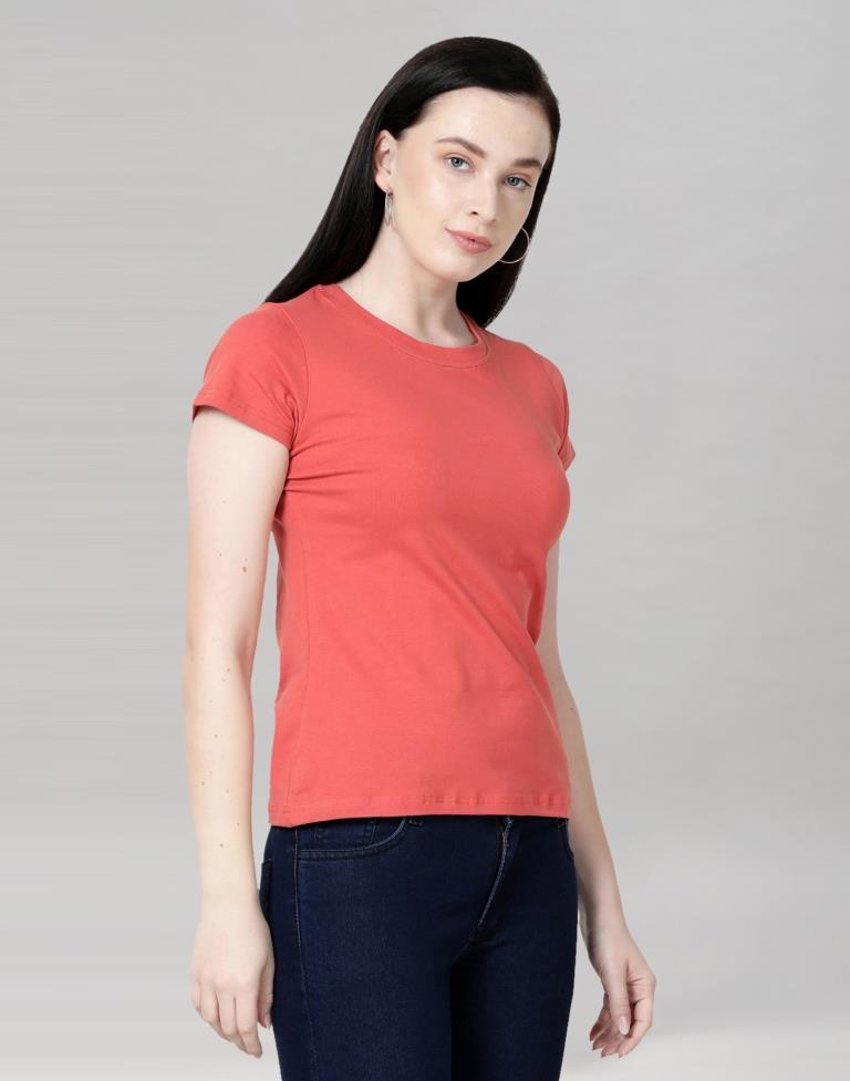 Dark Peach Colored Lycra Knitted T-shirt | SLV233TK4048