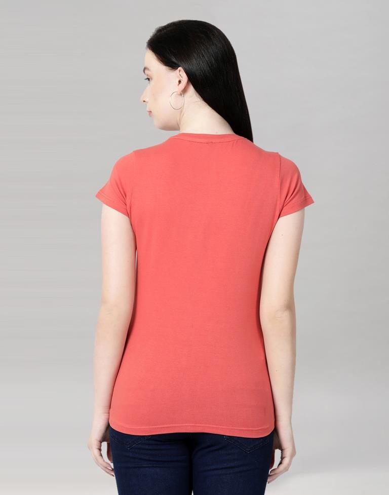 Dark Peach Colored Lycra Knitted T-shirt | SLV233TK4048