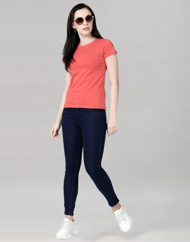 Dark Peach Colored Lycra Knitted T-shirt | SLV233TK4048