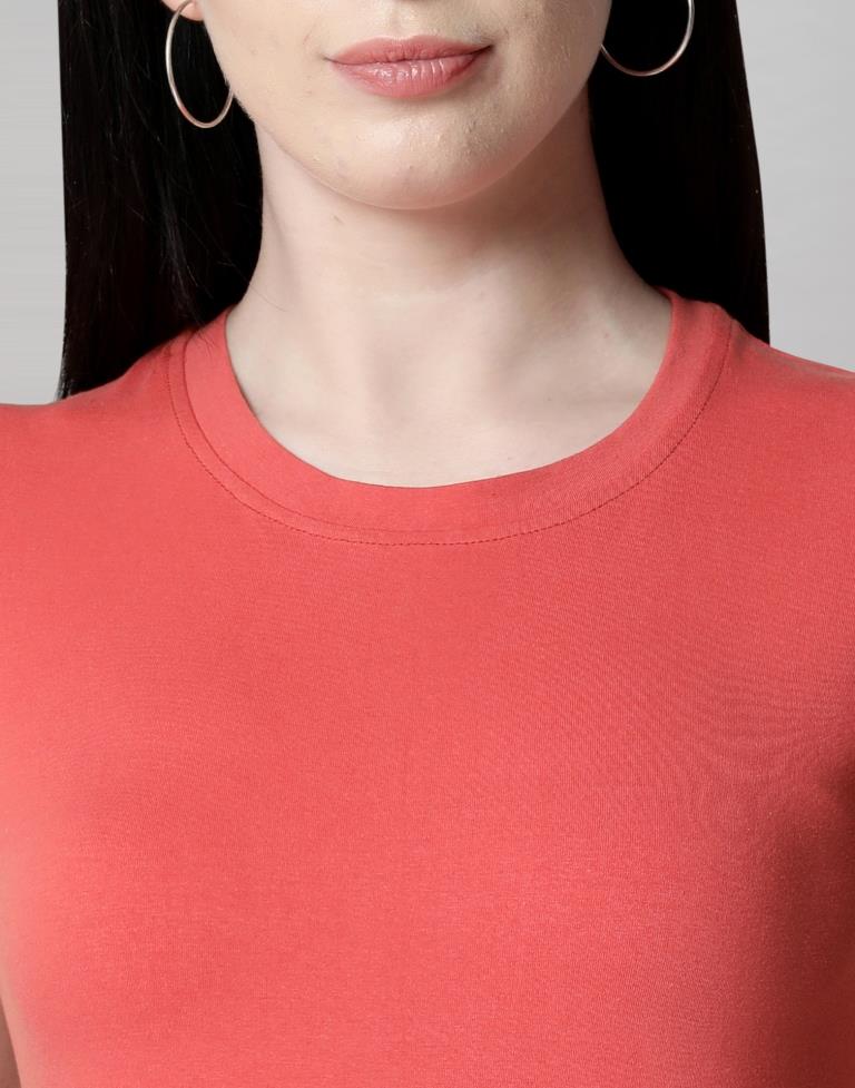 Dark Peach Colored Lycra Knitted T-shirt | SLV233TK4048