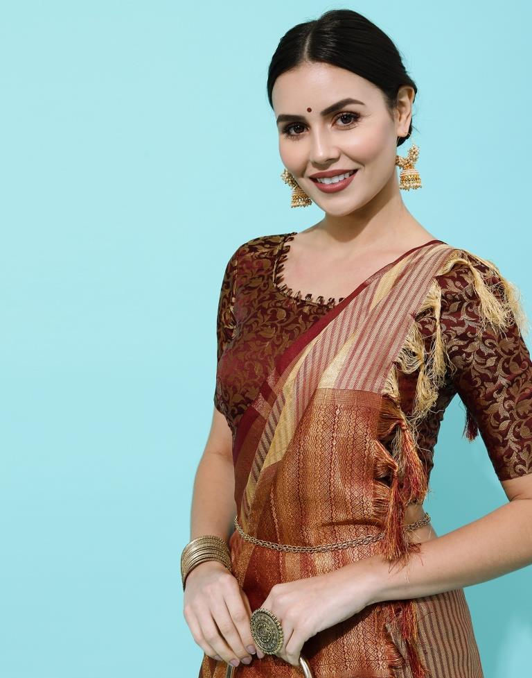 Beige And Maroon Silk Saree
