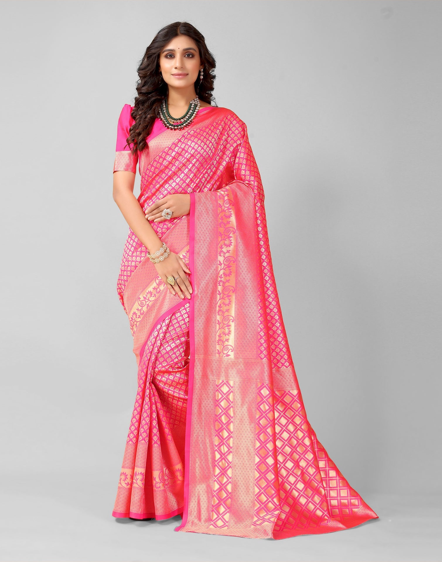 Pink And Golden Silk Saree