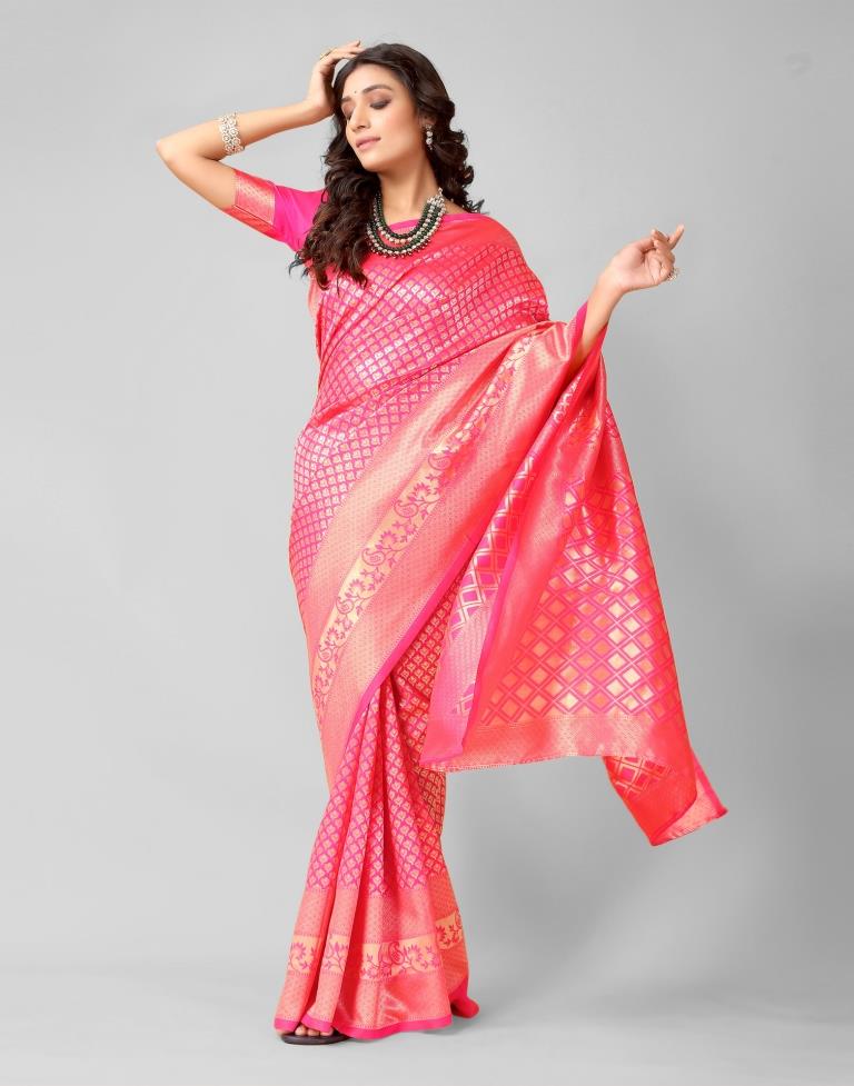 Pink And Golden Silk Saree