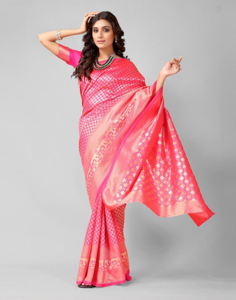 Pink And Golden Silk Saree