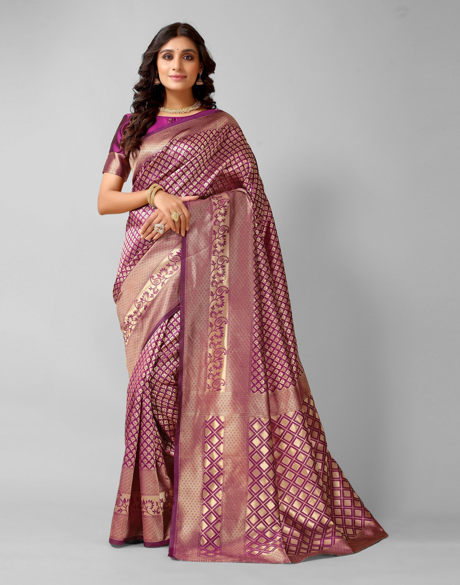 Wine And Golden Silk Saree