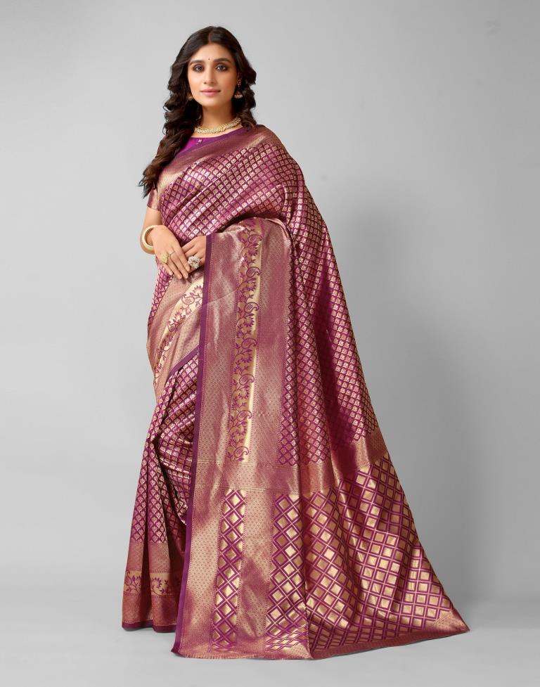 Wine And Golden Silk Saree