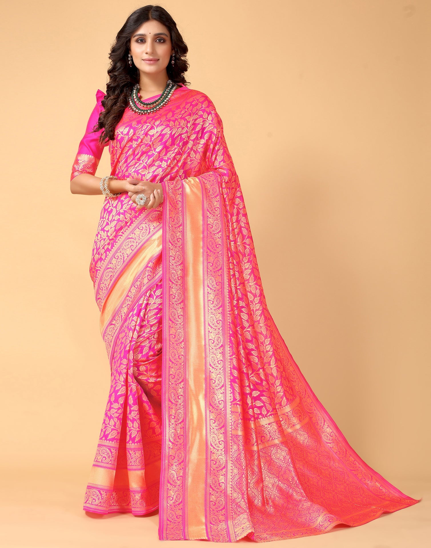 Pink And Golden Silk Saree