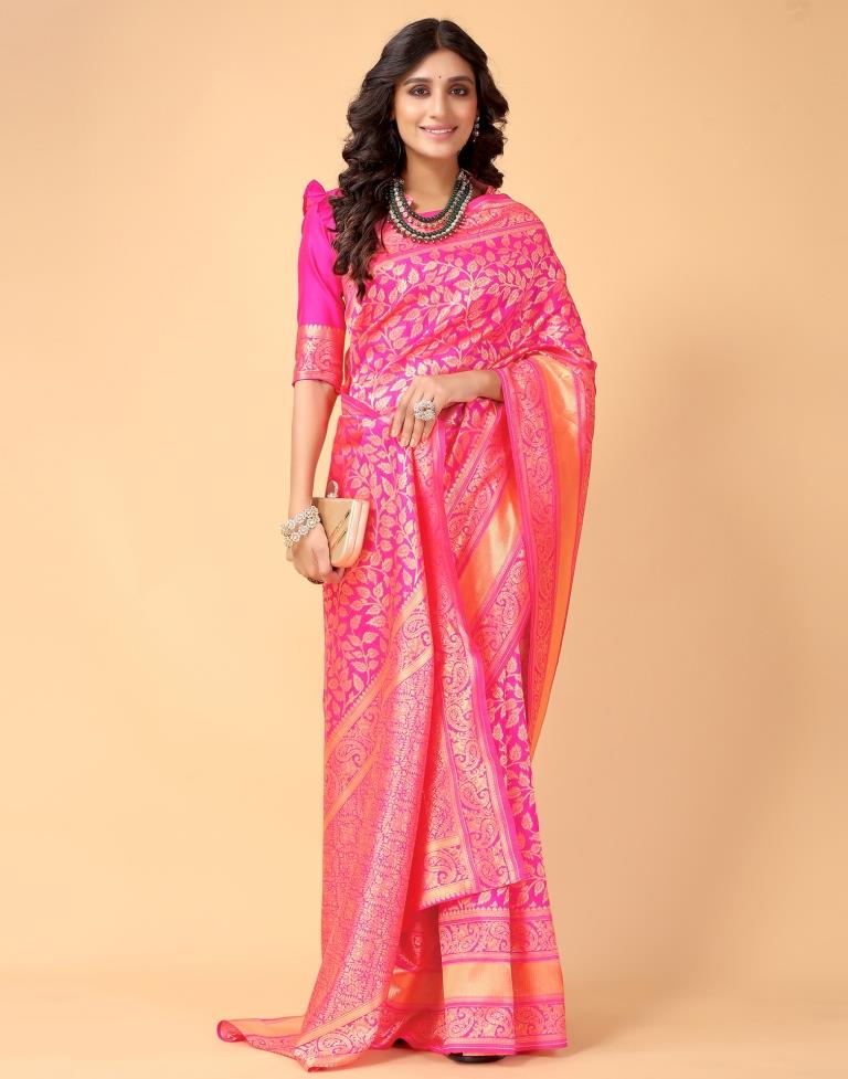 Pink And Golden Silk Saree