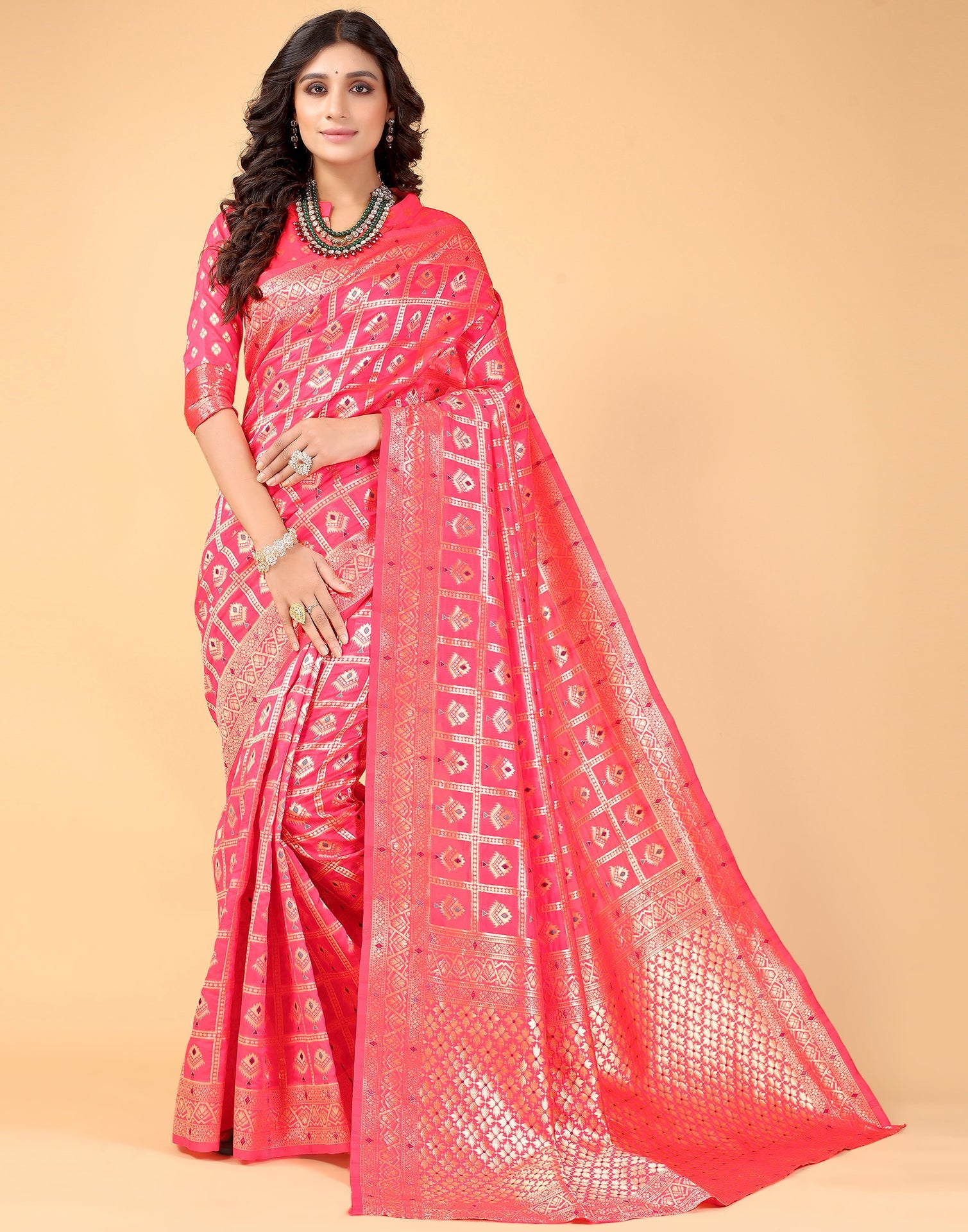 Neon Pink And Golden Silk Saree