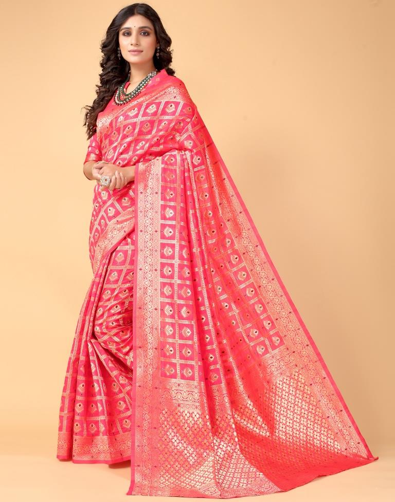Neon Pink And Golden Silk Saree