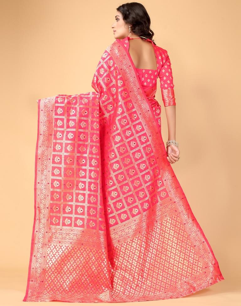 Neon Pink And Golden Silk Saree